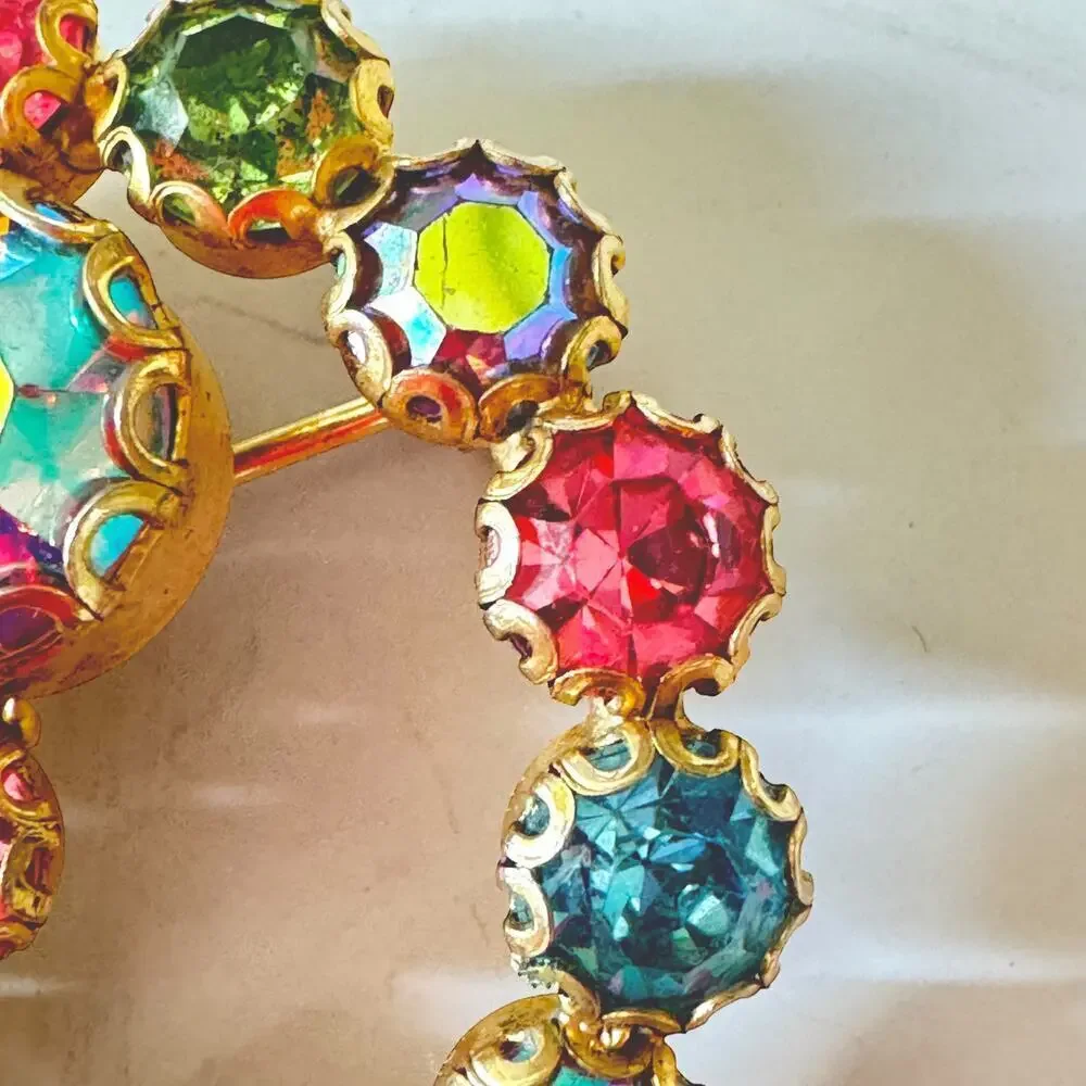 Rudolph Weiss Fruit Salad Glass Leaves AB Rhinestone Gold Wreath Pin Brooch
